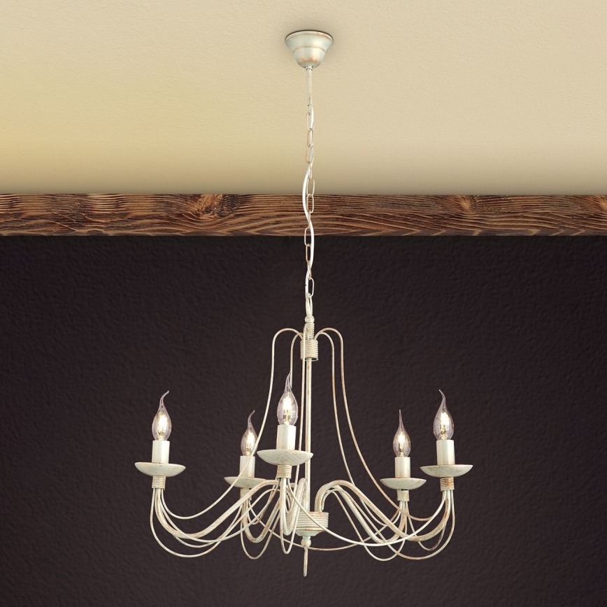 Luster na reťazi VELA 5xE14/40W/230V pr. 60 cm biela/zlatá/patina