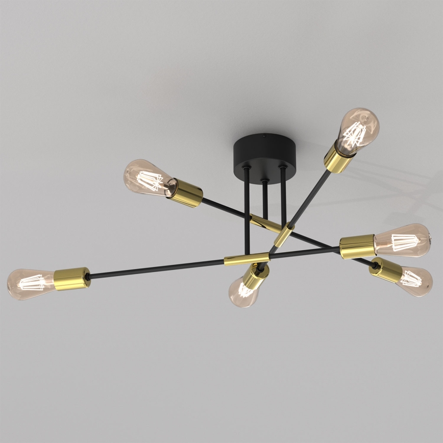 Luster na tyči FLAME 6xE27/60W/230V čierna/zlatá