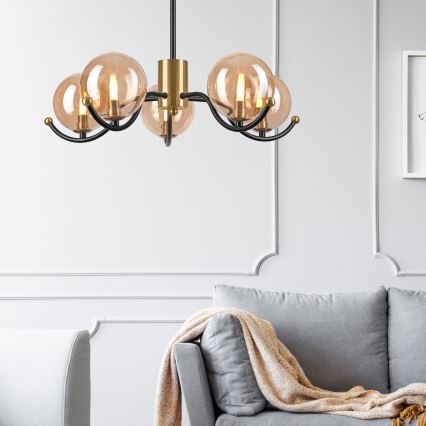 Luster na tyči GEORGIA 5xE14/5W/230V zlatá/dymová béžová