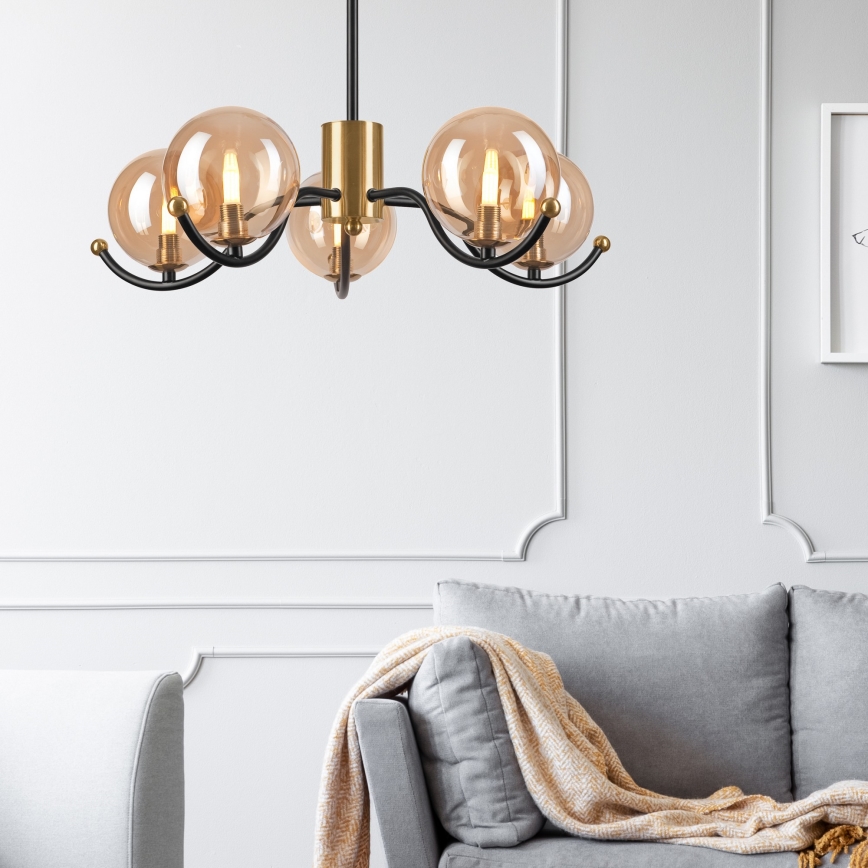 Luster na tyči GEORGIA 5xE14/5W/230V zlatá/dymová béžová