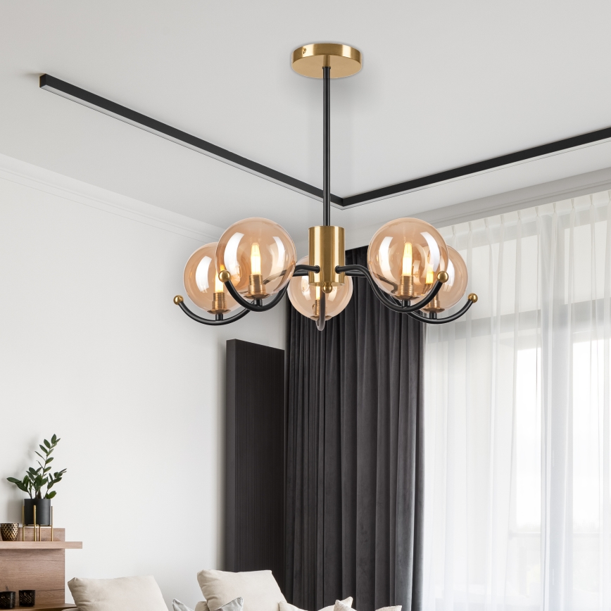 Luster na tyči GEORGIA 5xE14/5W/230V zlatá/dymová béžová