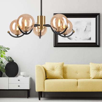 Luster na tyči GEORGIA 5xE14/5W/230V zlatá/dymová béžová
