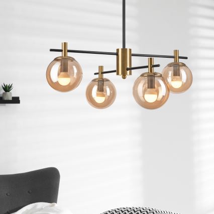 Luster na tyči LILOU 4xE14/5W/230V zlatá/čierna/dymová béžová