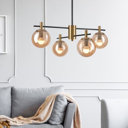 Luster na tyči LILOU 4xE14/5W/230V zlatá/čierna/dymová béžová