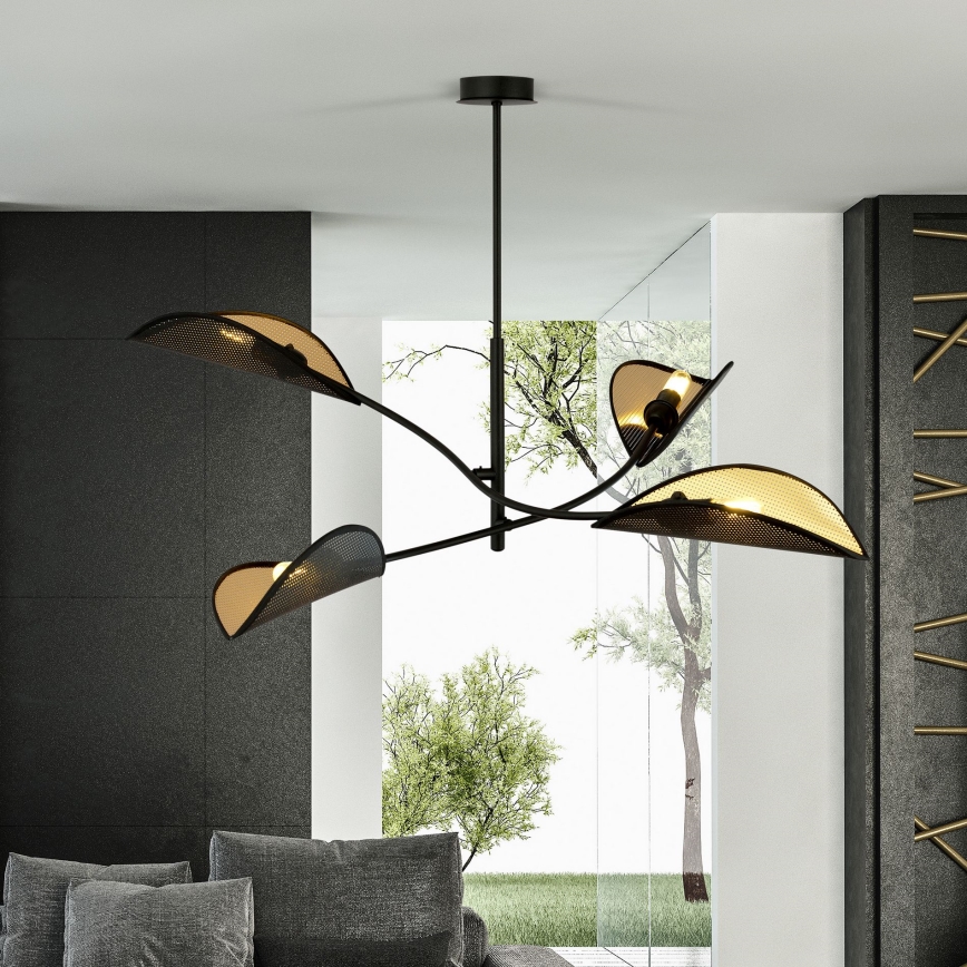 Luster na tyči LOTUS 4xE14/10W/230V čierna/zlatá