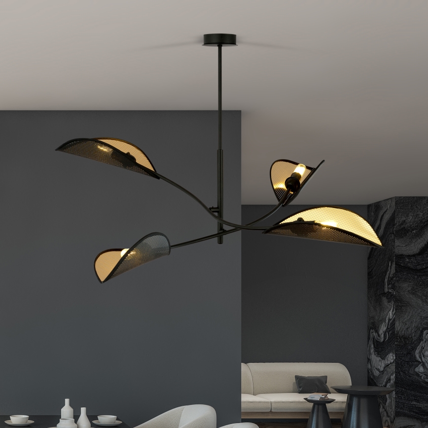 Luster na tyči LOTUS 4xE14/10W/230V čierna/zlatá