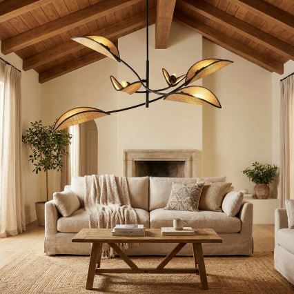 Luster na tyči LOTUS 6xE14/10W/230V čierna/béžová