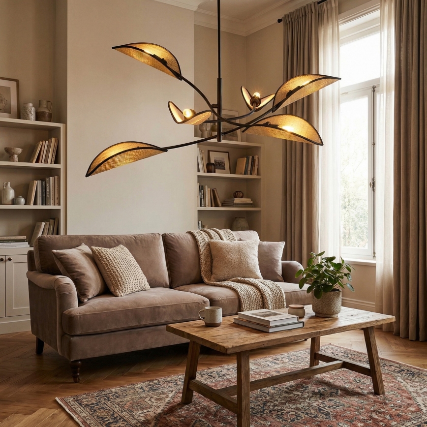 Luster na tyči LOTUS 6xE14/10W/230V čierna/béžová