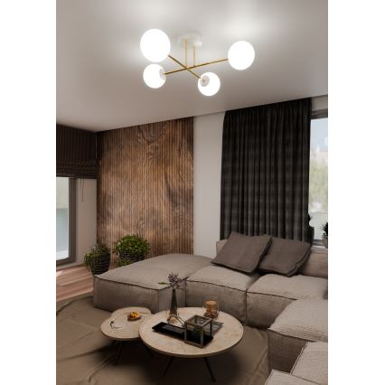 Luster na tyči MAGNUM 4xE14/10W/230V biela/zlatá
