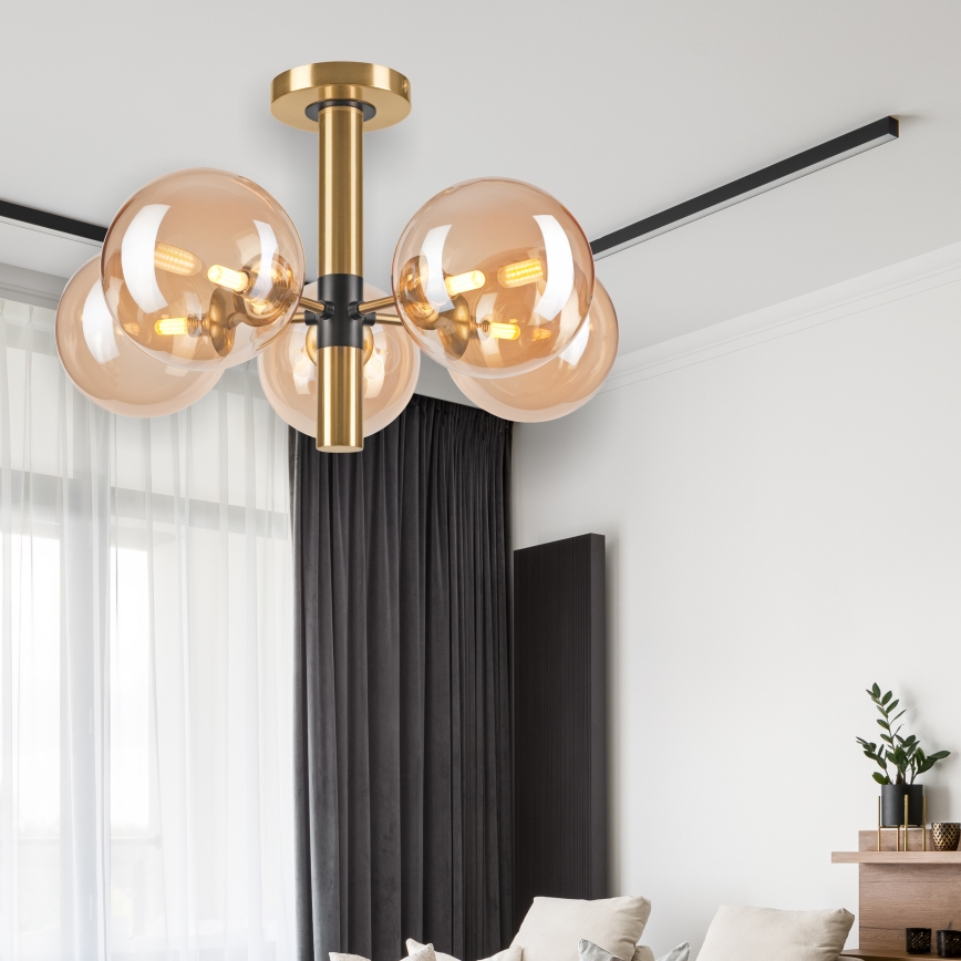 Luster na tyči ROLLO 5xG9/5W/230V zlatá/dymová béžová