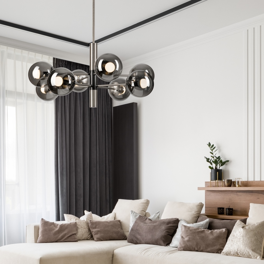 Luster na tyči ROLLO 8xE14/5W/230V matný chróm/dymová