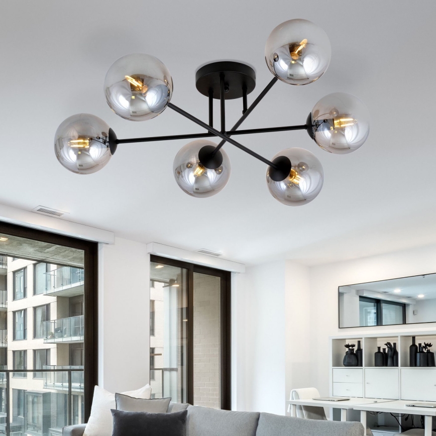 Luster na tyči ROMA 6xE14/10W/230V čierna/dymová