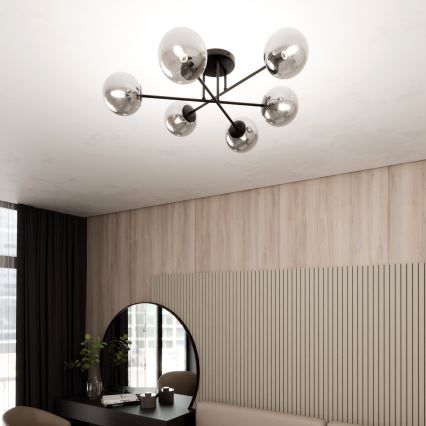 Luster na tyči ROMA 6xE14/10W/230V čierna/dymová