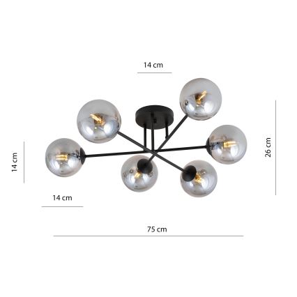 Luster na tyči ROMA 6xE14/10W/230V čierna/dymová