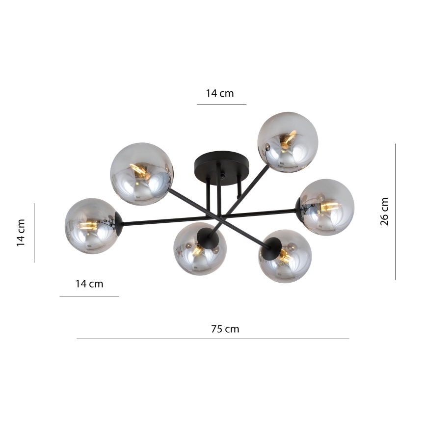 Luster na tyči ROMA 6xE14/10W/230V čierna/dymová