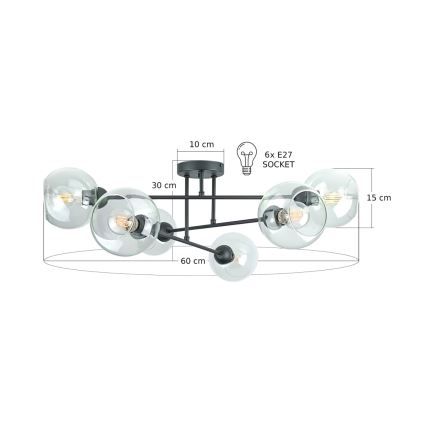 Luster na tyči VASCO 6xE27/60W/230V čierna/číra