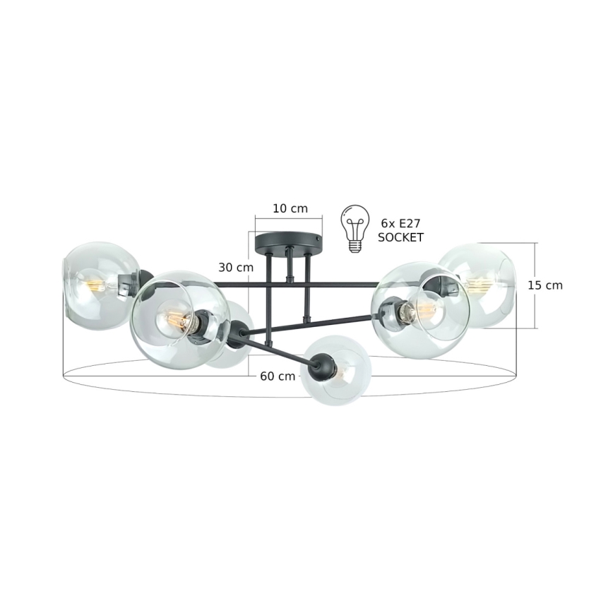 Luster na tyči VASCO 6xE27/60W/230V čierna/číra