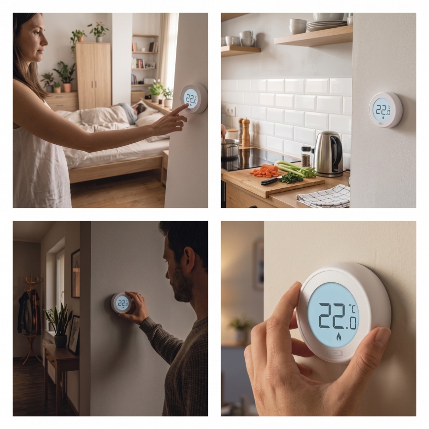 Manuálny izbový termostat 230 V/6 A, napájanie 2× AA, biely