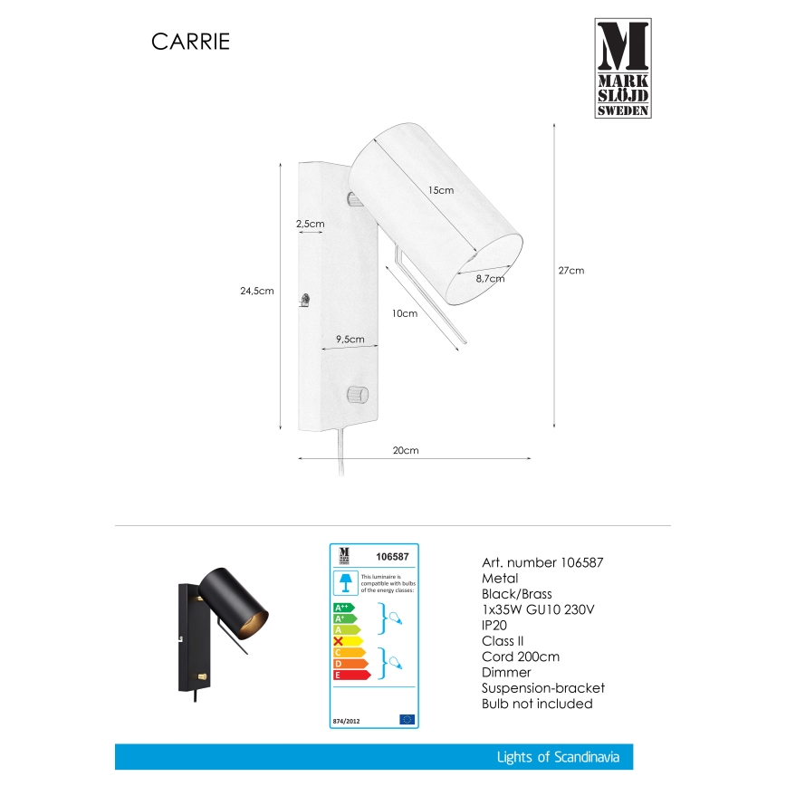 Markslöjd 106587 - Stmievateľné nástenné svietidlo CARRIE 1xGU10/35W/230V čierna