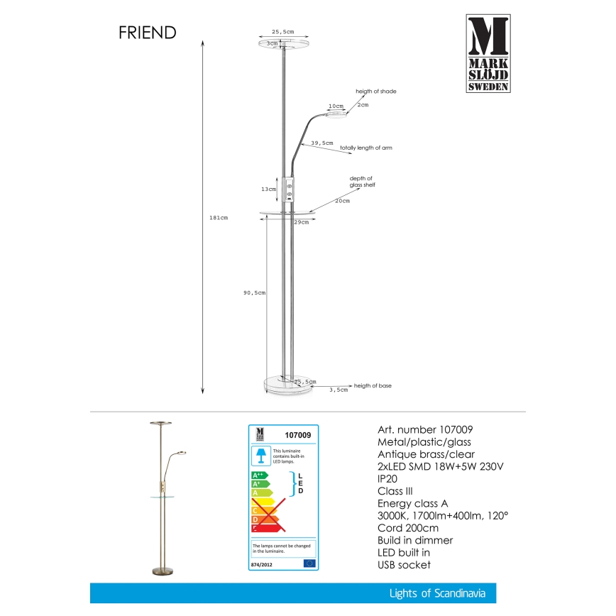 Markslöjd 107009 - LED Stmievateľná stojacia lampa FRIEND LED/18W/230V + LED/5W