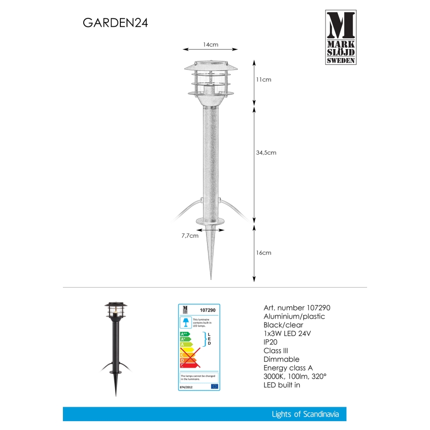 Markslöjd 107290 - LED Vonkajšia lampa GARDEN 24 LED/3W/24V 45 cm IP44 čierna