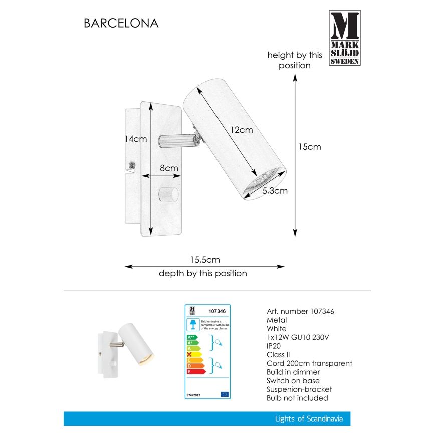 Markslöjd 107346 - Stmievateľné nástenné bodové svietidlo BARCELONA 1xGU10/12W/230