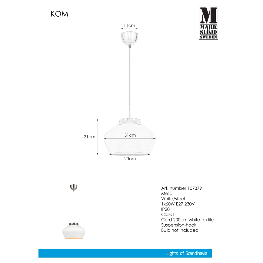 Markslöjd 107379 - Luster na lanku KOM 1xE27/60W/230V