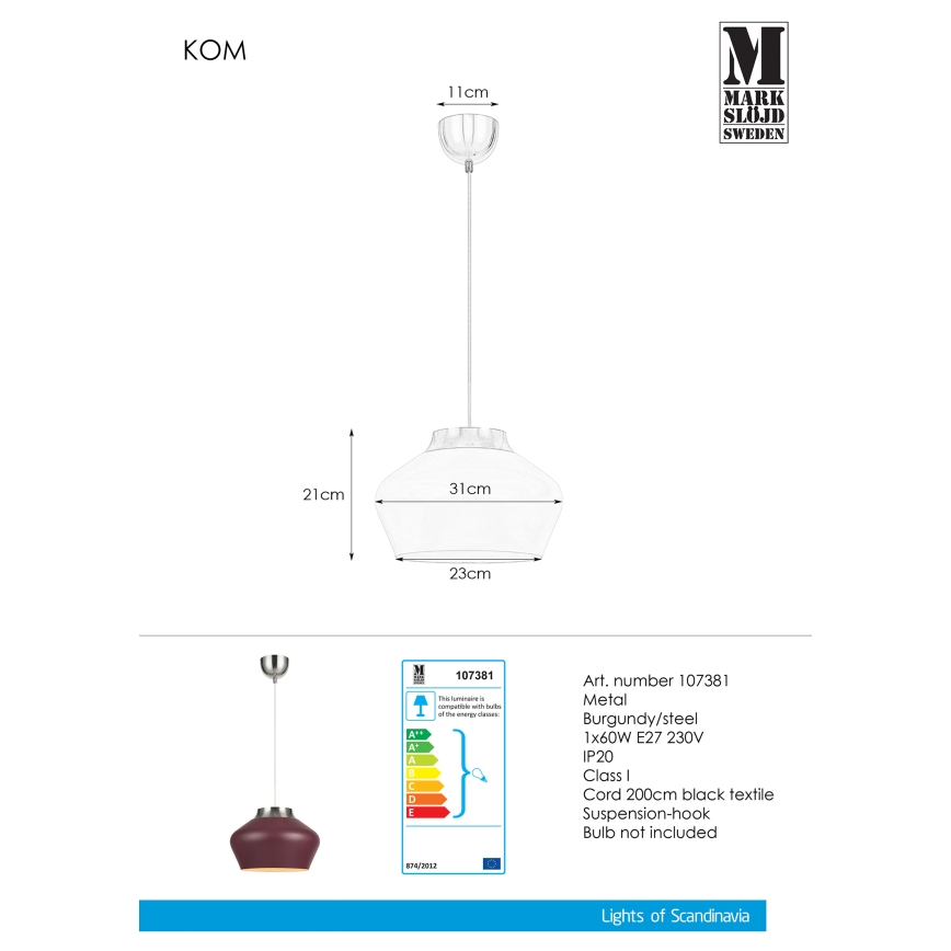 Markslöjd 107381 - Luster na lanku KOM 1xE27/60W/230V