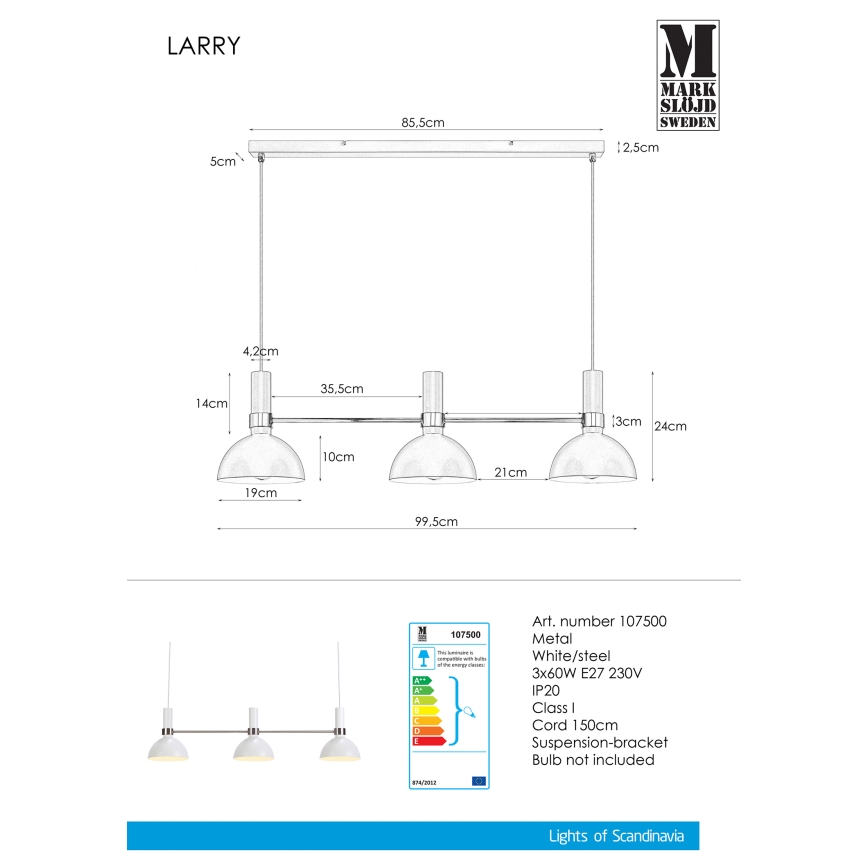 Markslöjd 107500 - Luster na lanku LARRY 3xE27/60W/230V