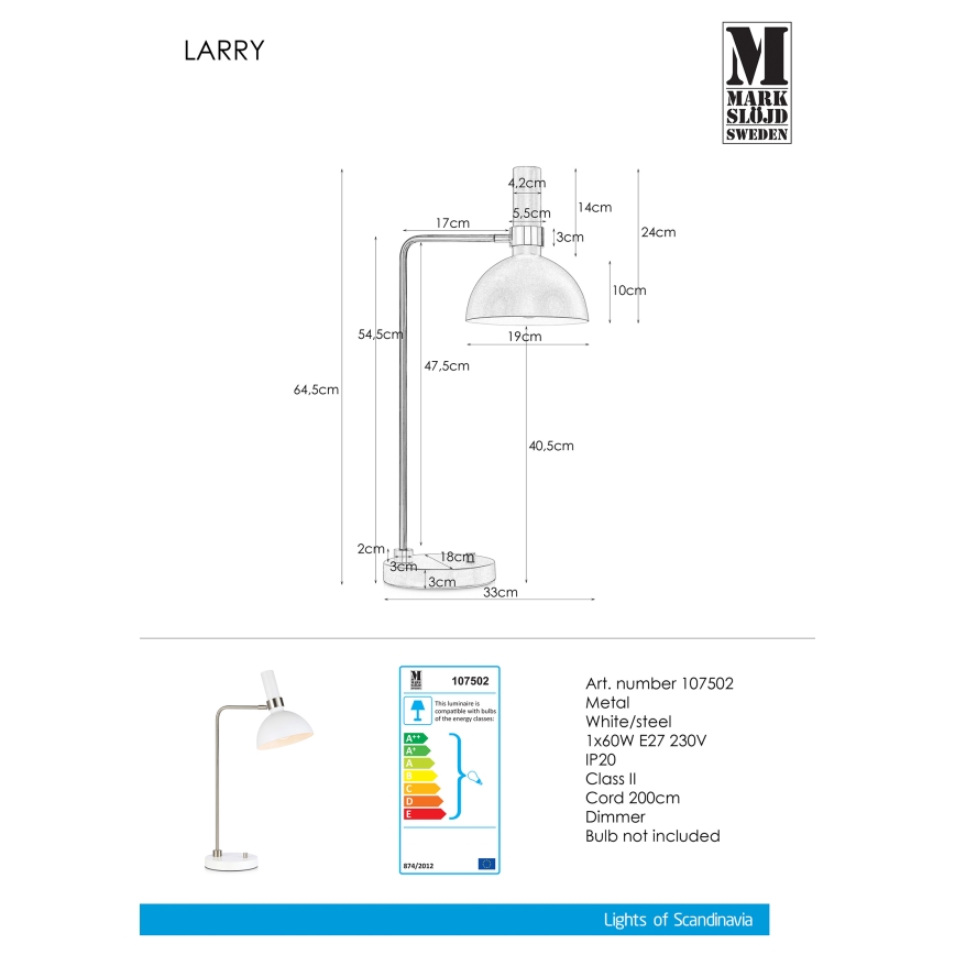 Markslöjd 107502 - Stmievateľná stolná lampa LARRY 1xE27/60W/230V