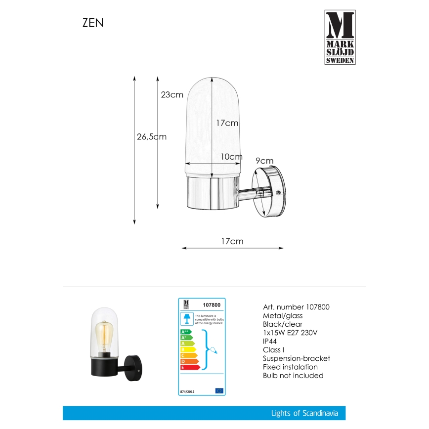 Markslöjd 107800 - Kúpeľňové nástenné svietidlo ZEN 1xE27/15W/230V IP44