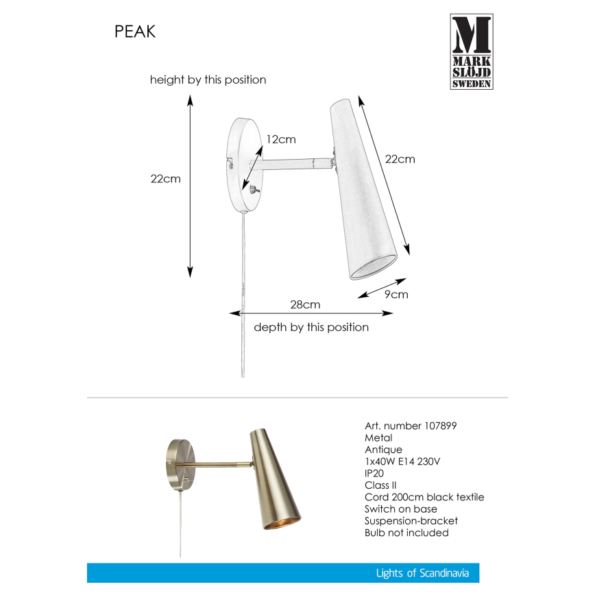 Markslöjd 107899 - Nástenná lampička PEAK 1xE14/40W/230V