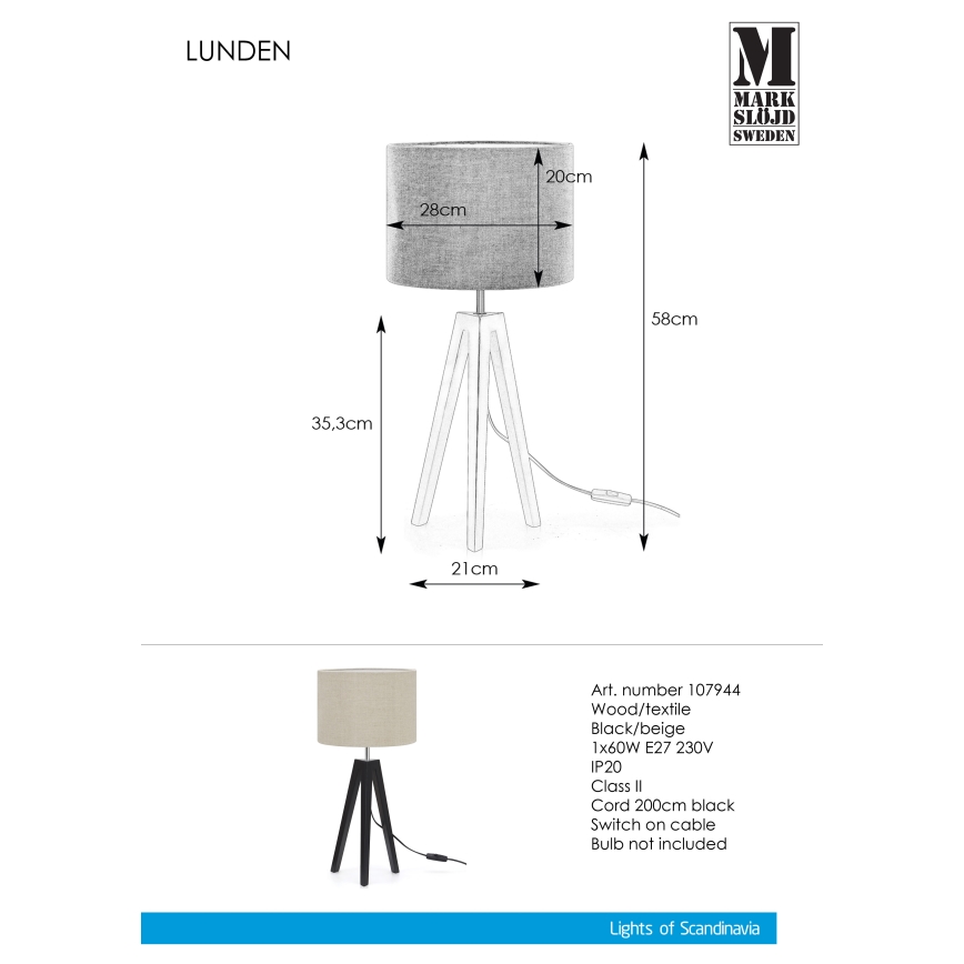 Markslöjd 107944 - Stolná lampa LUNDEN 1xE27/60W/230V