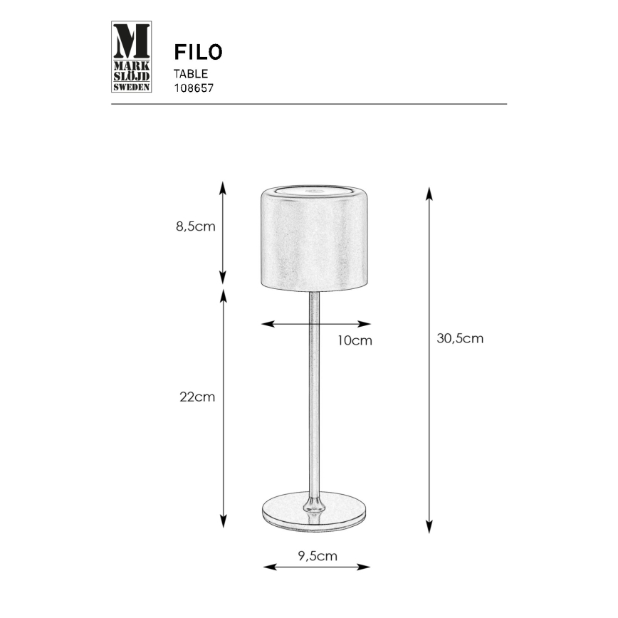 Markslöjd 108657 - LED Stmievateľná nabíjacia stolná lampa FILO LED/2W/5V IP44 30 cm čierna
