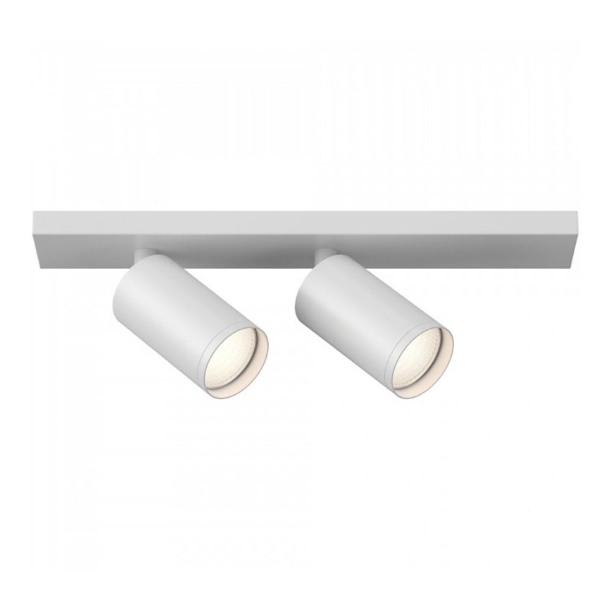 Dvojité bodové svietidlo s valcovými hlavicami, pripevnené k dlhej bielej lište, smeruje svetlo dopredu. Svietidlo je umiestnené na bielom pozadí.