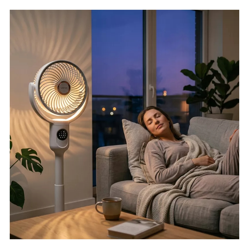 LED nabíjací stojanový ventilátor s LED osvetlením LED/4,8W/5V USB 7200 mAh biela + diaľkové ovládanie