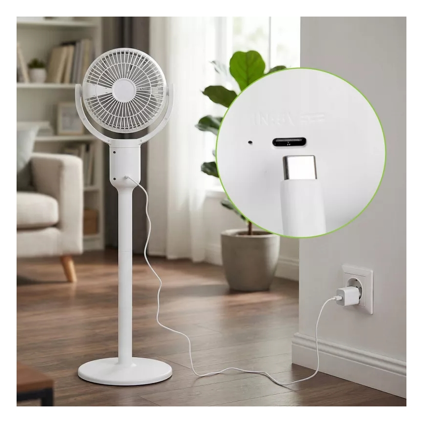 LED nabíjací stojanový ventilátor s LED osvetlením LED/4,8W/5V USB 7200 mAh biela + diaľkové ovládanie