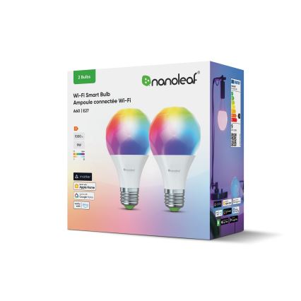 Nanoleaf - SADA 2x LED RGBW Stmievateľná žiarovka ESSENTIALS MATTER A19 E27/9W/230V 2700-6500K CRI 90 Wi-Fi