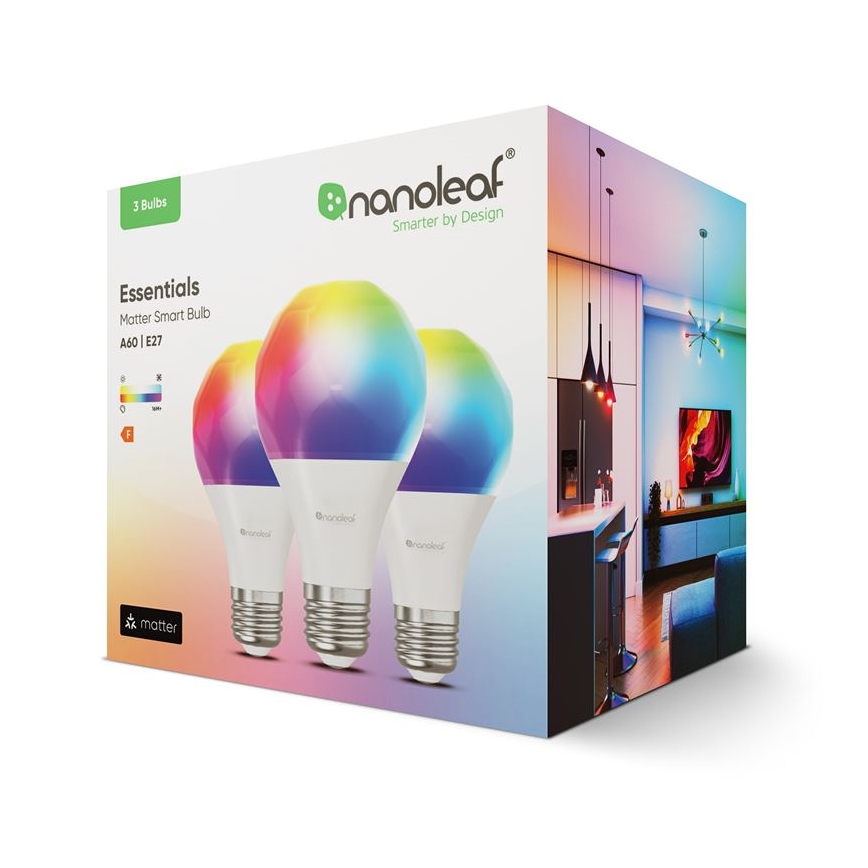 SADA 3x LED RGBW Stmievateľná žiarovka ESSENTIALS A60 E27/8,5W/230V CRI 90 2700-6500K Wi-Fi - Nanoleaf