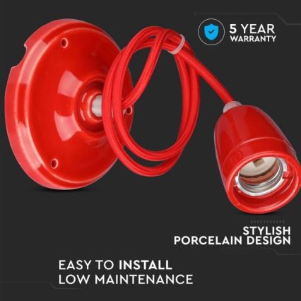 Napájací kábel 1xE27/60W/230V červená/porcelán