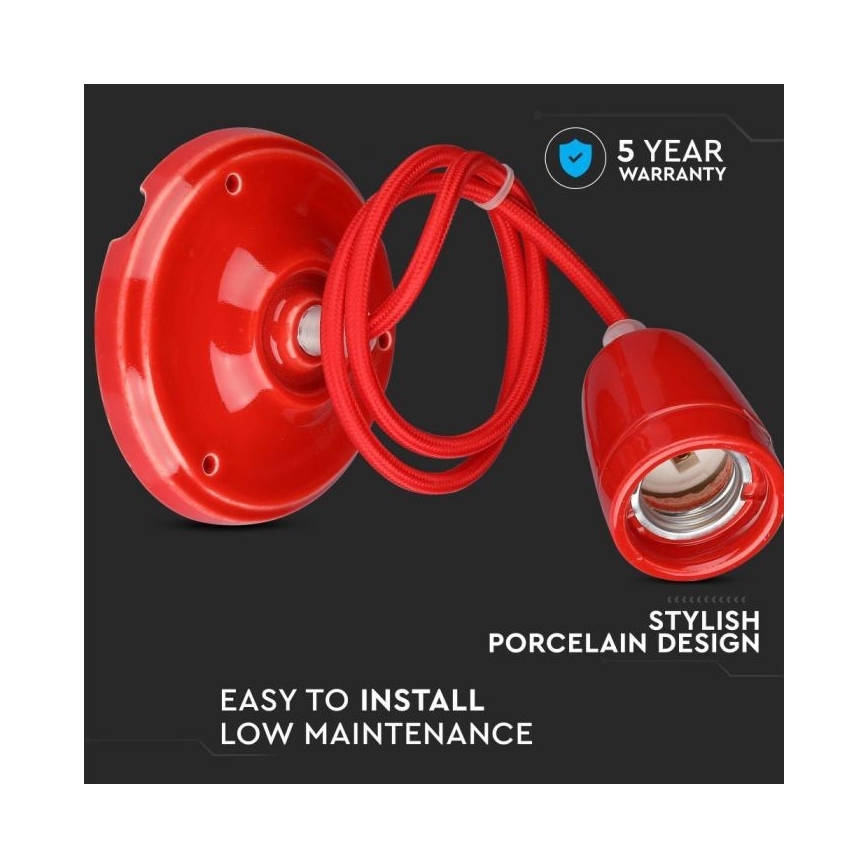 Napájací kábel 1xE27/60W/230V červená/porcelán