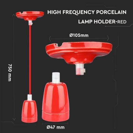 Napájací kábel 1xE27/60W/230V červená/porcelán
