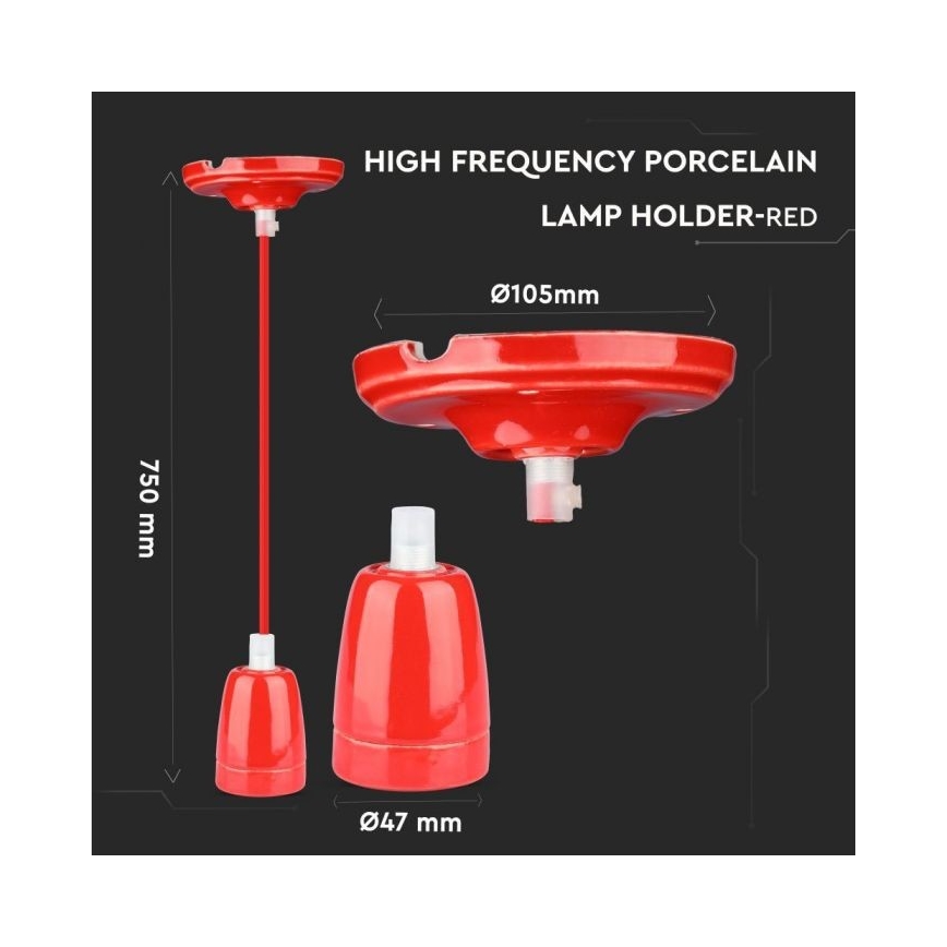 Napájací kábel 1xE27/60W/230V červená/porcelán