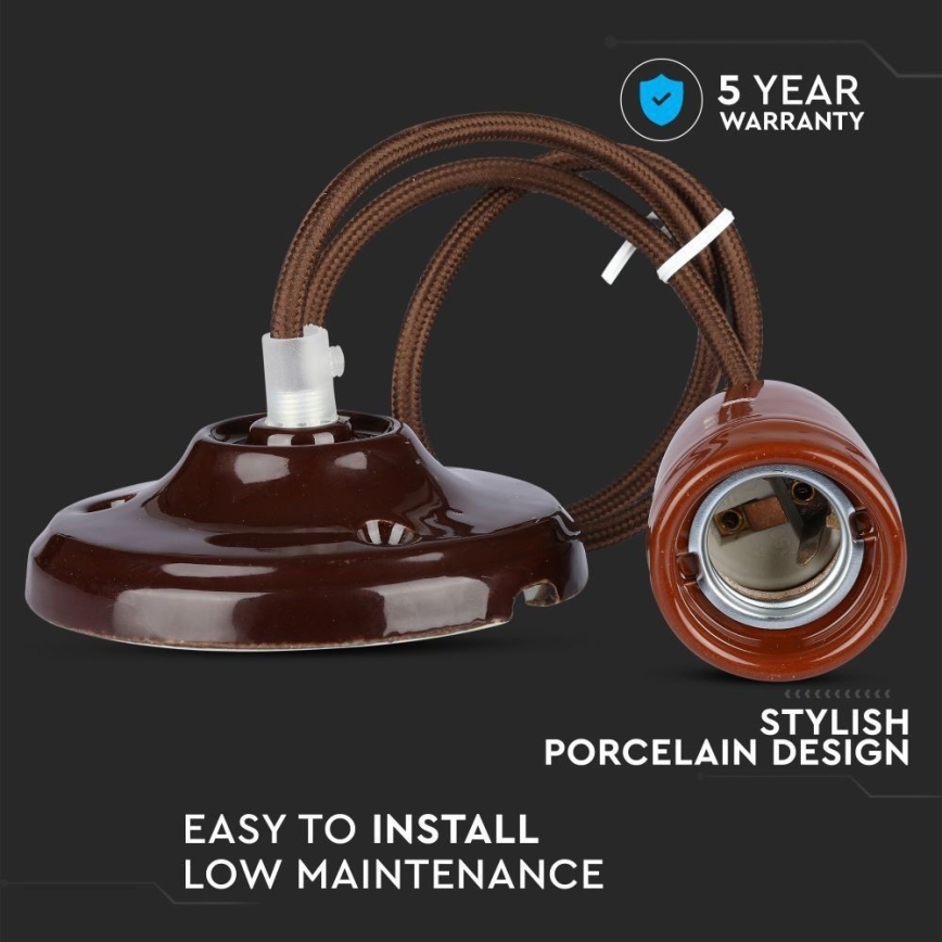 Napájací kábel 1xE27/60W/230V hnedá/porcelán