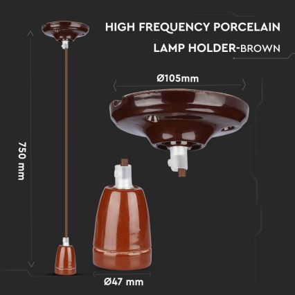 Napájací kábel 1xE27/60W/230V hnedá/porcelán