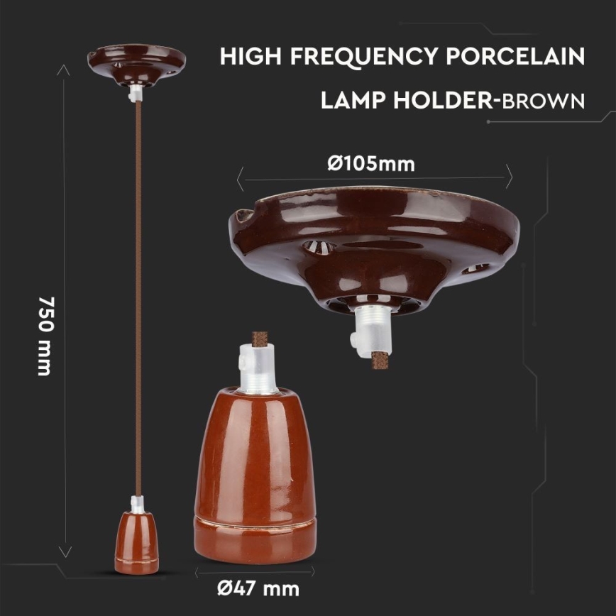 Napájací kábel 1xE27/60W/230V hnedá/porcelán