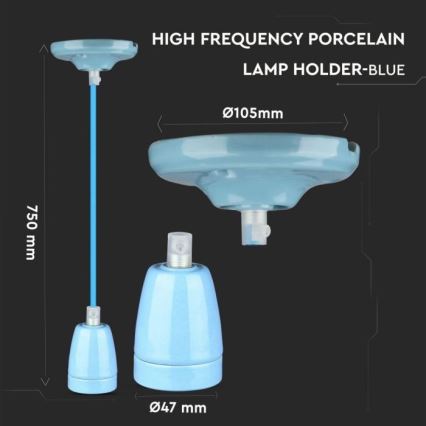 Napájací kábel 1xE27/60W/230V modrá/porcelán