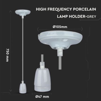 Napájací kábel 1xE27/60W/230V šedá/porcelán