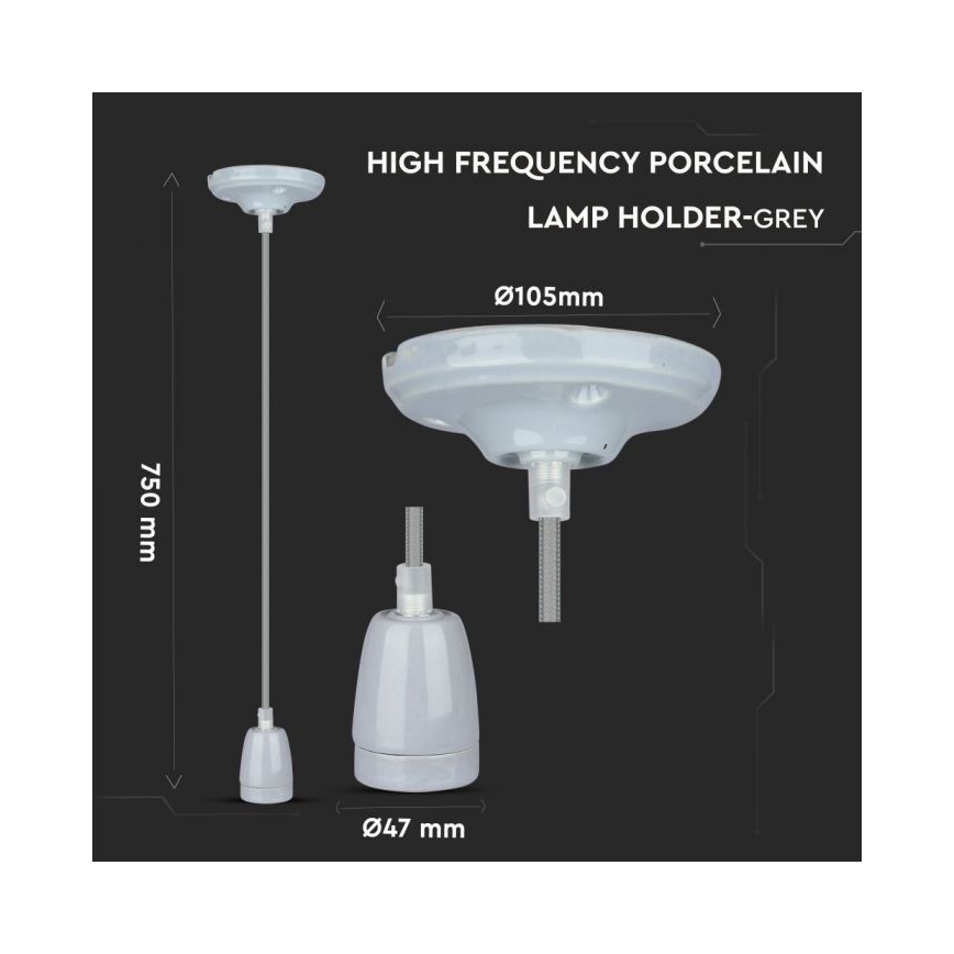 Napájací kábel 1xE27/60W/230V šedá/porcelán