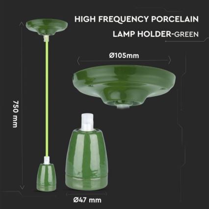 Napájací kábel 1xE27/60W/230V zelená/porcelán
